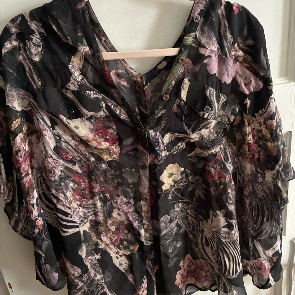 All Saints Flowers and Bones Sheer Buttoned Blouse